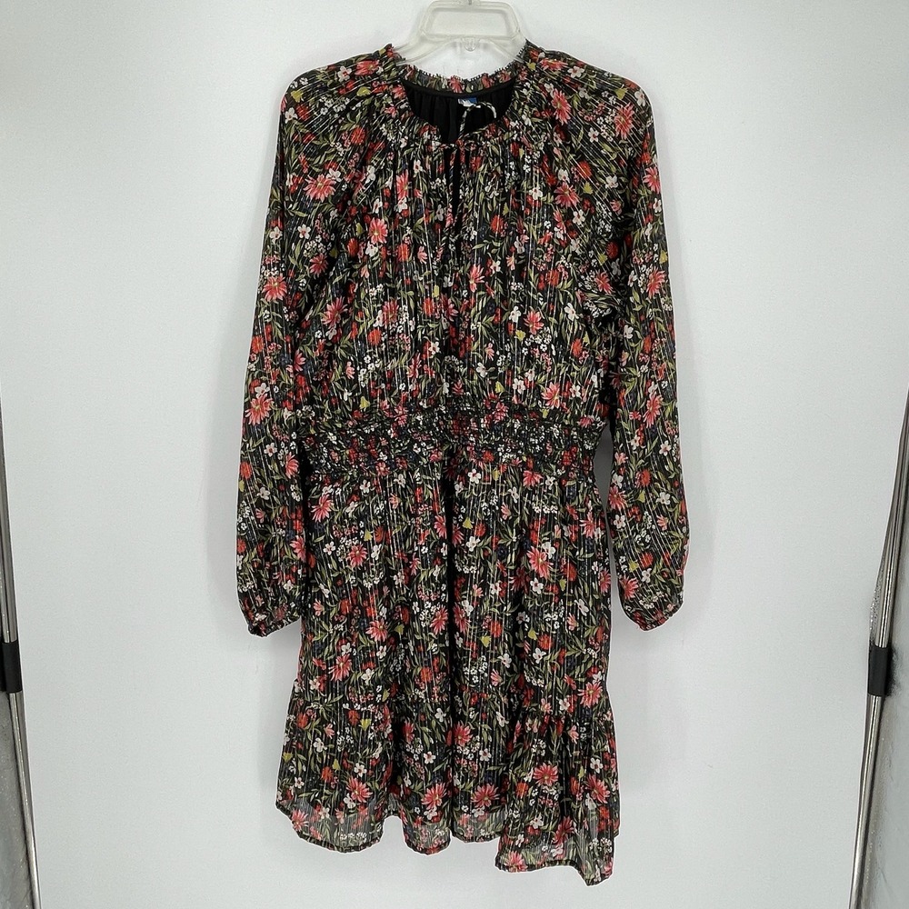 Old Navy Women's Black Floral Lurex Smocked Waist Tiered Mini Boho Dress Size XL